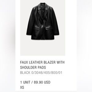 Zara Black Faux Leather Blazer Size Extra Small